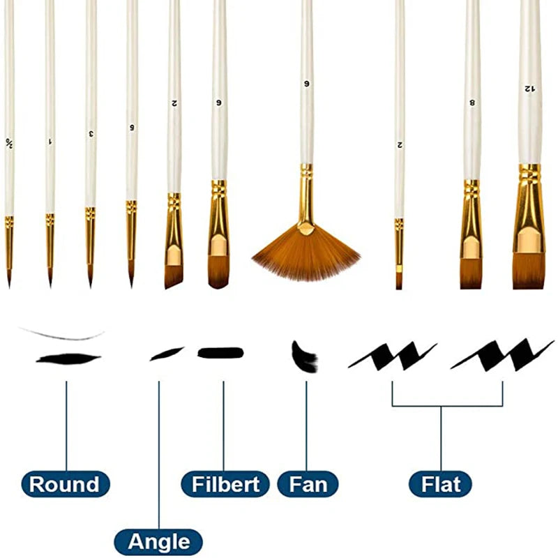 10Pcs Nylon Hair Paint Brush Set - Acrylic Oil Watercolor Art Supplies for Kids and Students - ZOOMNSTORE