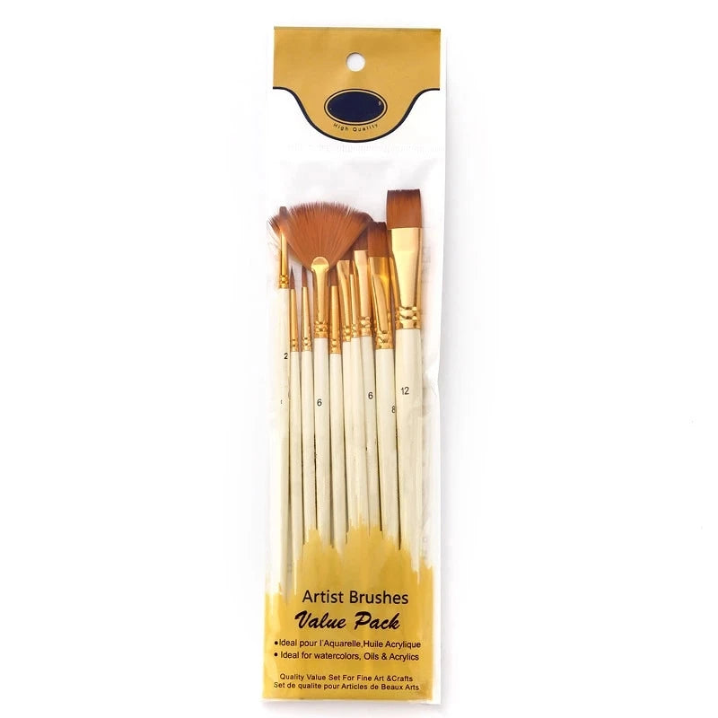 10Pcs Nylon Hair Paint Brush Set - Acrylic Oil Watercolor Art Supplies for Kids and Students - ZOOMNSTORE