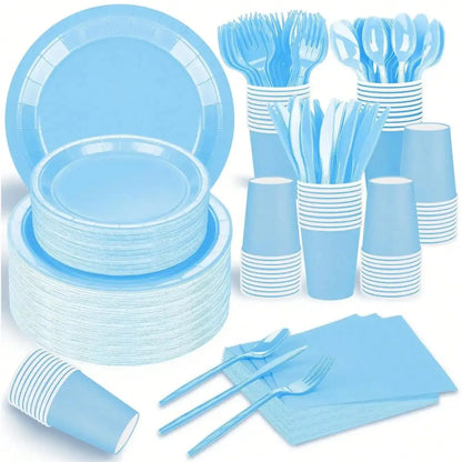 Sky Blue Party Supplies Set - Disposable Plates Spoons Forks Knives - ZOOMNSTORE