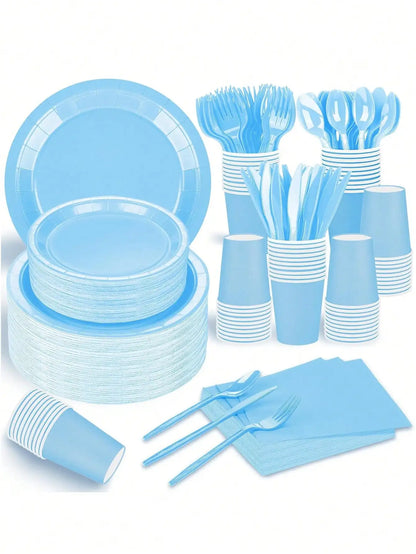 Sky Blue Party Supplies Set - Disposable Plates Spoons Forks Knives - ZOOMNSTORE