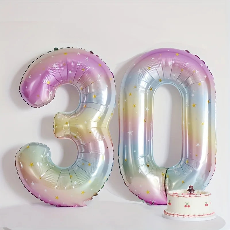 Pastel Rainbow Number Balloon - 40inch Star Sky Gradient Birthday Decoration - ZOOMNSTORE
