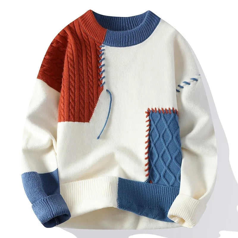 Patchwork Knitted Sweater - Men's Autumn Casual Streetwear Warm Pullover - ZOOMNSTORE