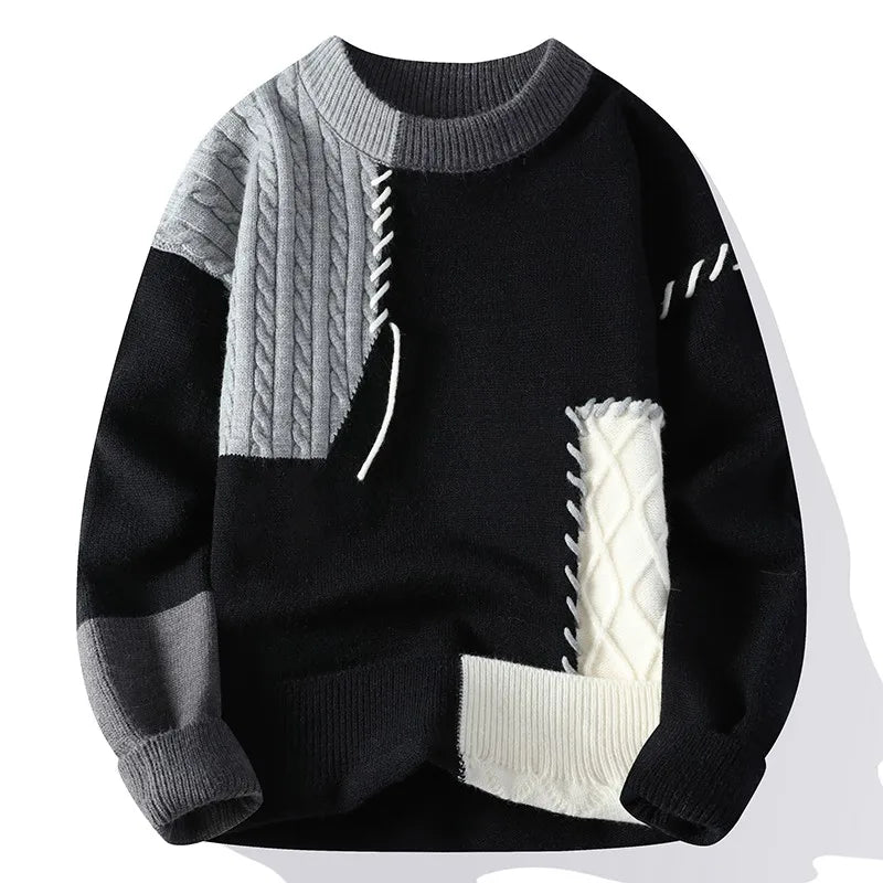 Patchwork Knitted Sweater - Men's Autumn Casual Streetwear Warm Pullover - ZOOMNSTORE