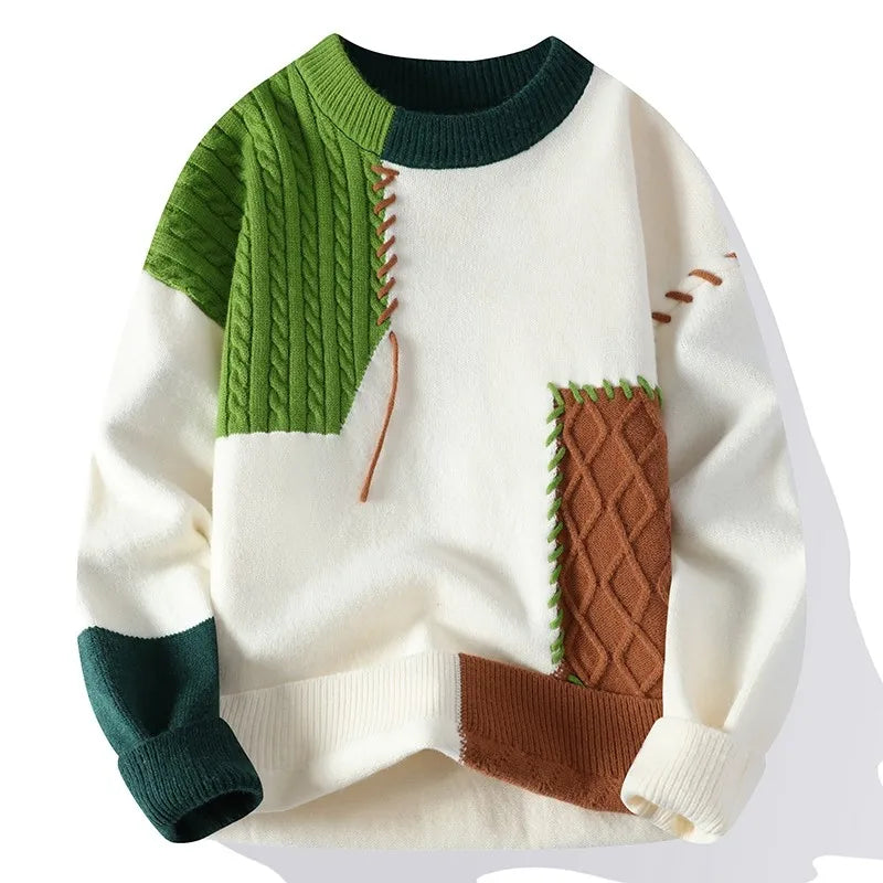 Patchwork Knitted Sweater - Men's Autumn Casual Streetwear Warm Pullover - ZOOMNSTORE
