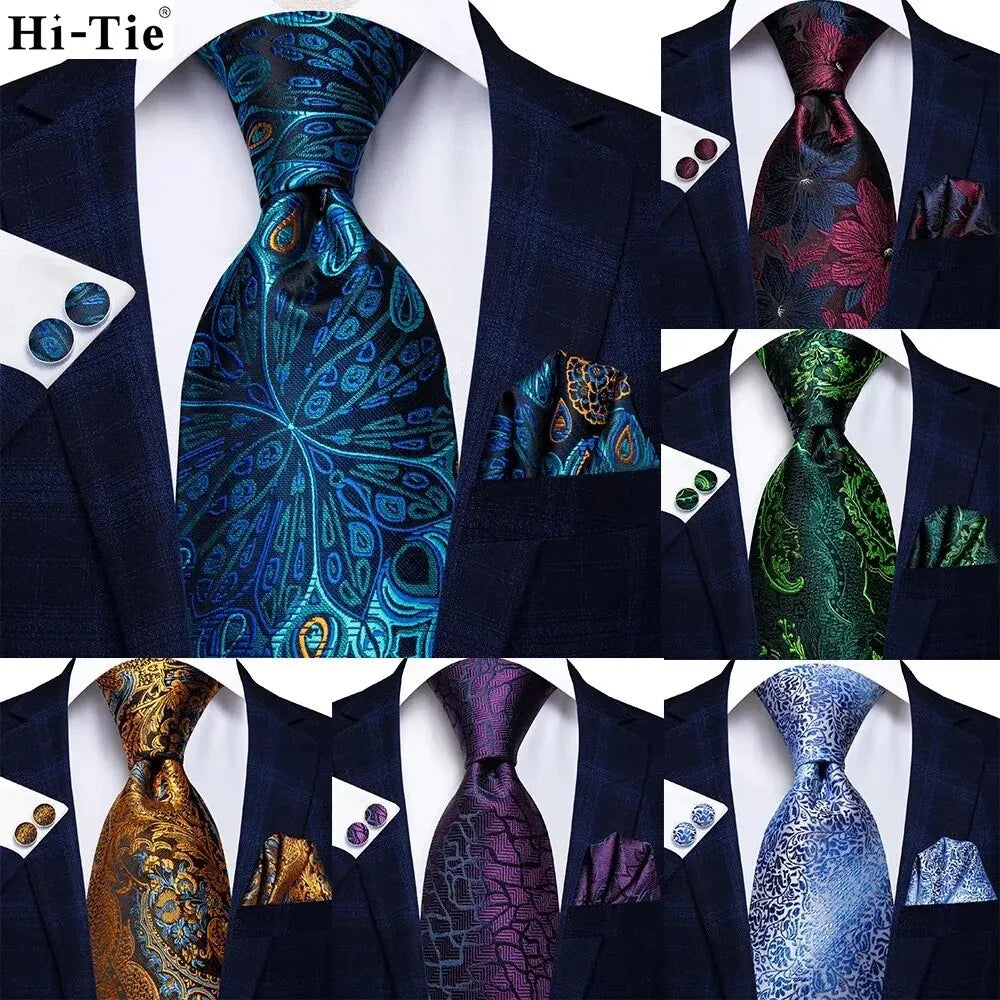 Peacock Blue Silk Wedding Tie Set - Mens Designer Tie with Hanky  Cufflinks - ZOOMNSTORE