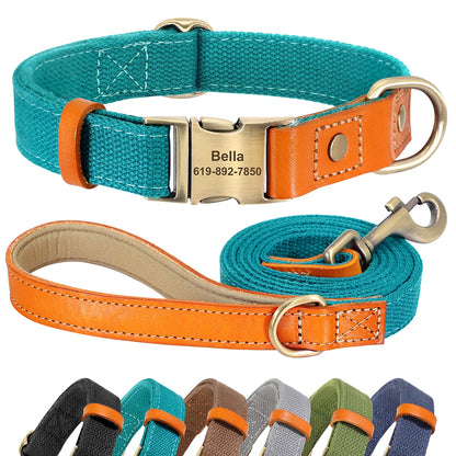 Personalized Nylon Dog Collar  Leash Set with Genuine Leather Nameplate - ZOOMNSTORE