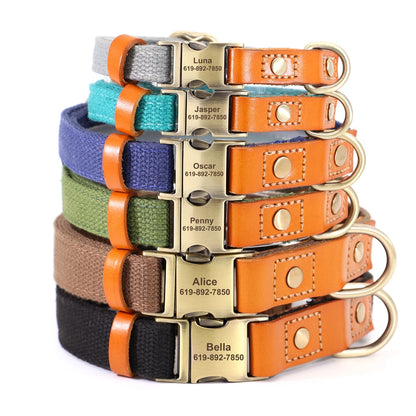 Personalized Nylon Dog Collar  Leash Set with Genuine Leather Nameplate - ZOOMNSTORE