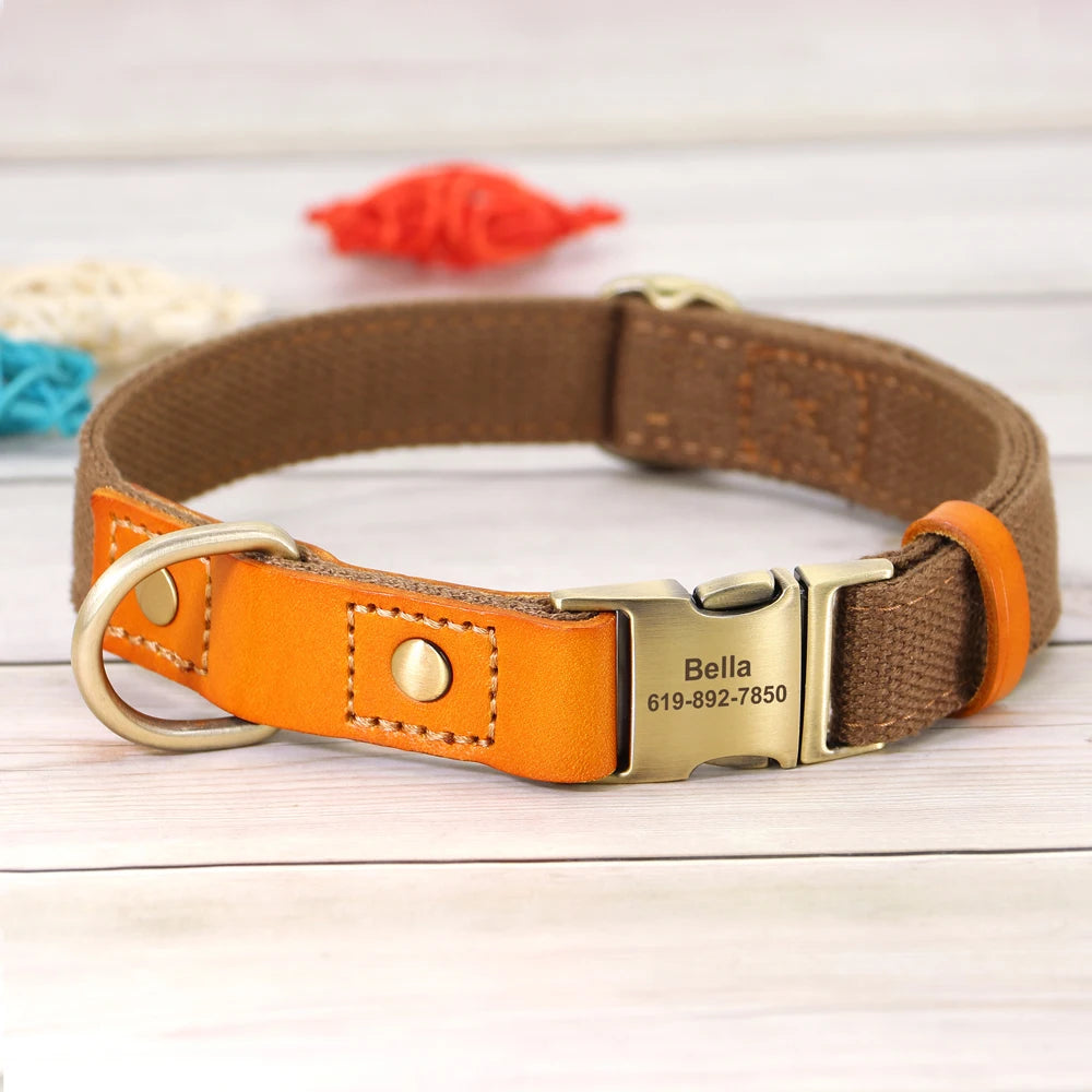 Personalized Nylon Dog Collar  Leash Set with Genuine Leather Nameplate - ZOOMNSTORE