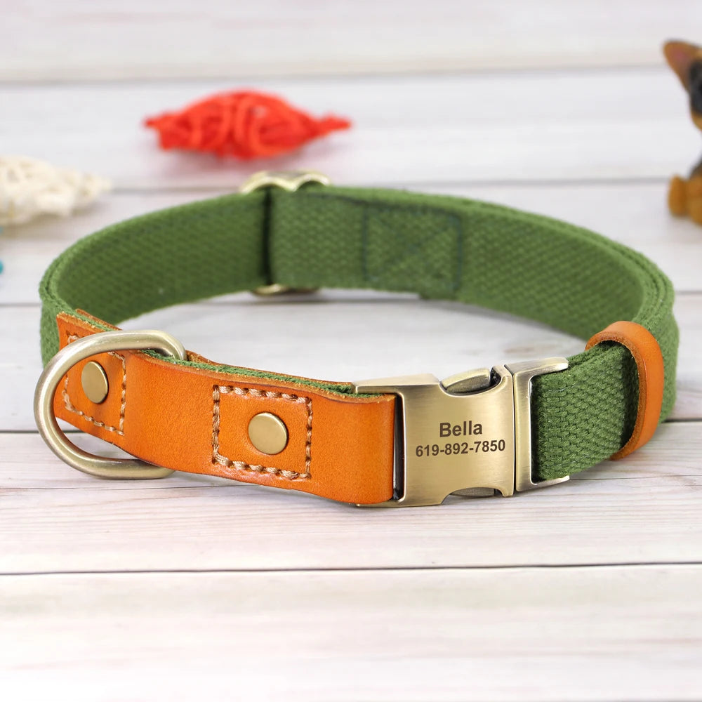 Personalized Nylon Dog Collar  Leash Set with Genuine Leather Nameplate - ZOOMNSTORE