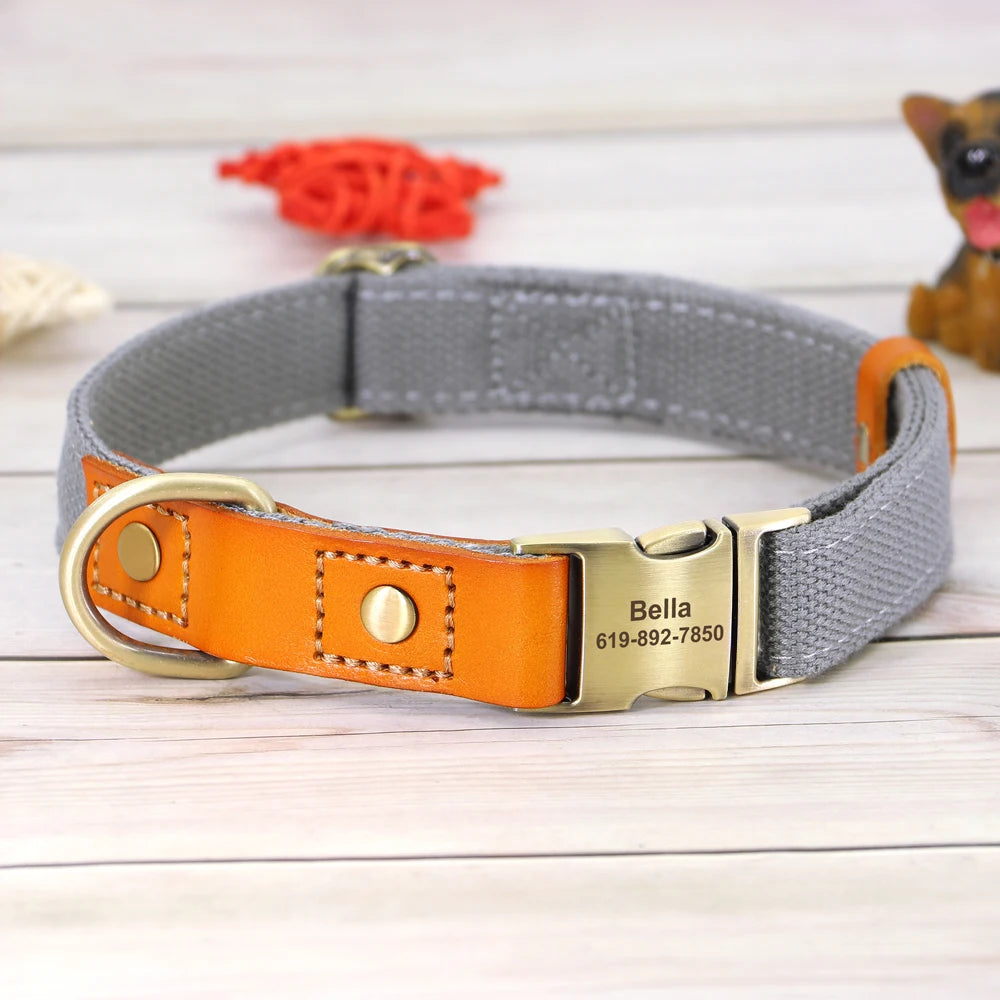 Personalized Nylon Dog Collar  Leash Set with Genuine Leather Nameplate - ZOOMNSTORE