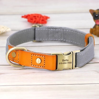 Personalized Nylon Dog Collar  Leash Set with Genuine Leather Nameplate - ZOOMNSTORE