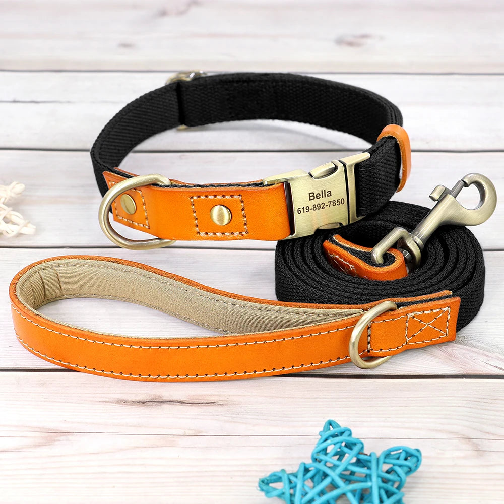 Personalized Nylon Dog Collar  Leash Set with Genuine Leather Nameplate - ZOOMNSTORE
