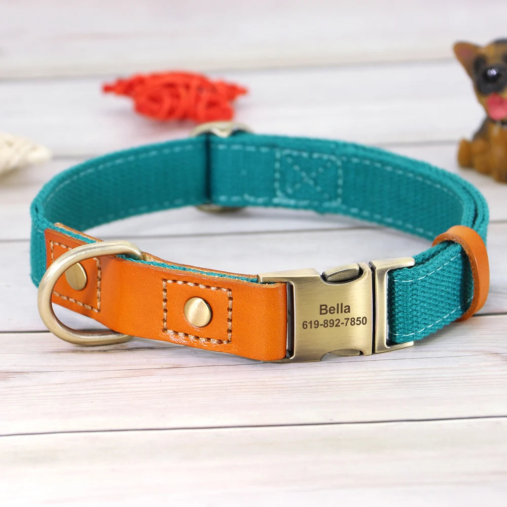 Personalized Nylon Dog Collar  Leash Set with Genuine Leather Nameplate - ZOOMNSTORE