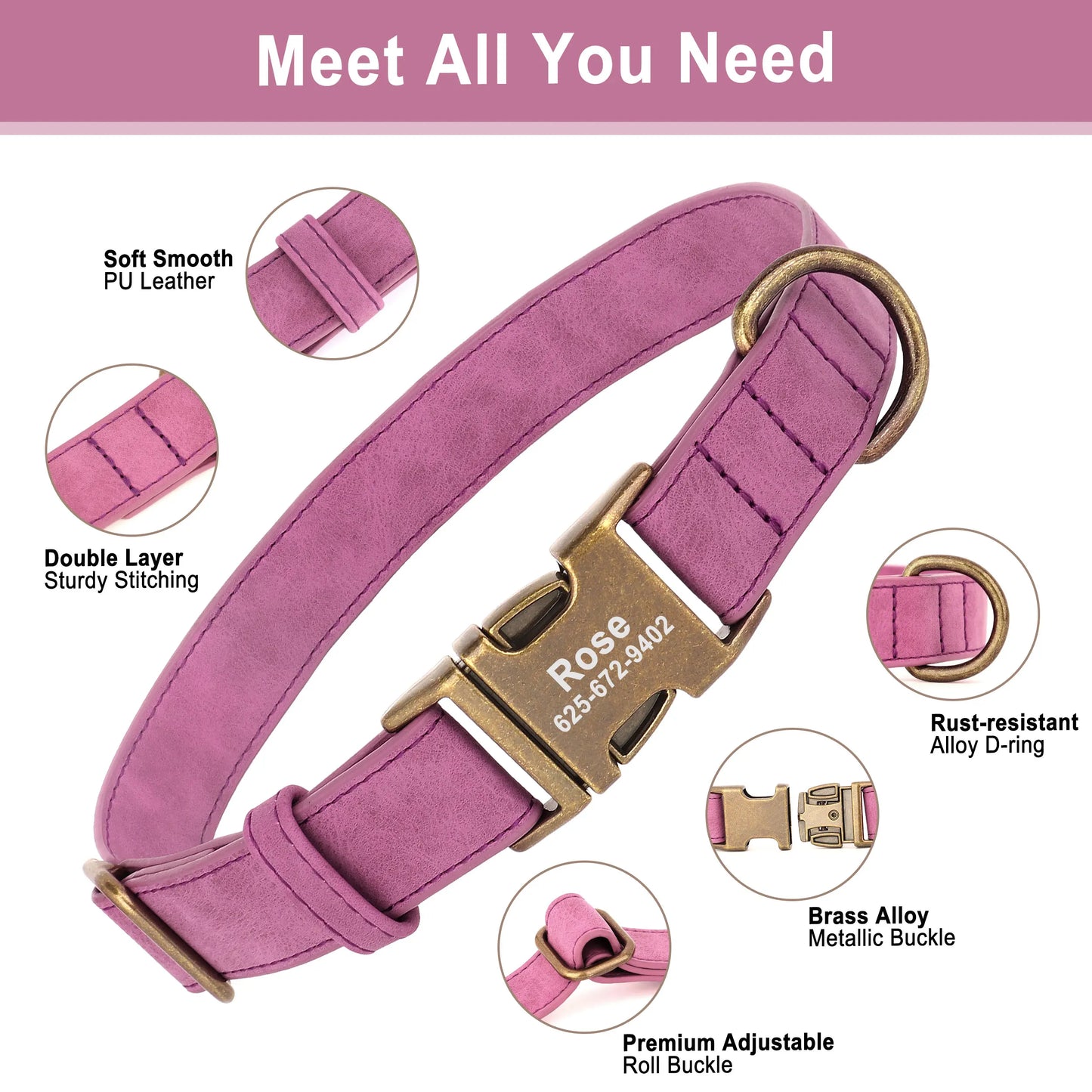 Personalized Dog Collar with Engraved ID Tag - Soft PU Leather for Bulldogs - ZOOMNSTORE