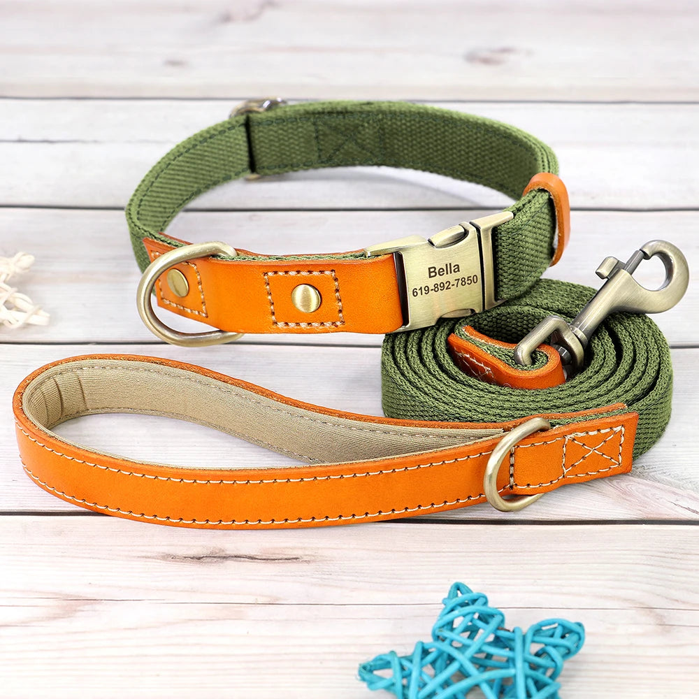 Personalized Nylon Dog Collar  Leash Set with Genuine Leather Nameplate - ZOOMNSTORE
