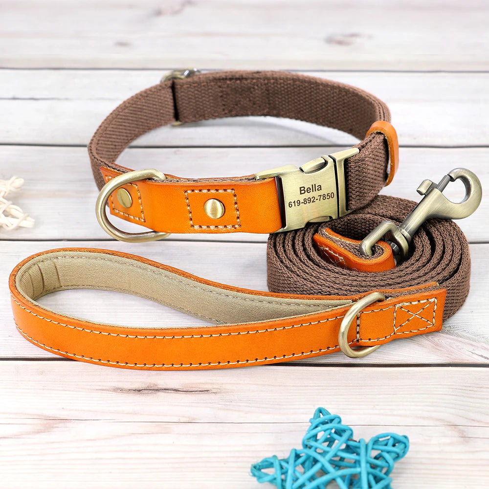 Personalized Nylon Dog Collar  Leash Set with Genuine Leather Nameplate - ZOOMNSTORE