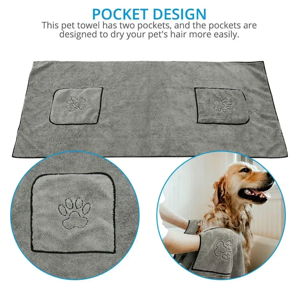 Pet Drying Towel - Large Absorbent Dog Bath Towel With Pocketed Design - ZOOMNSTORE