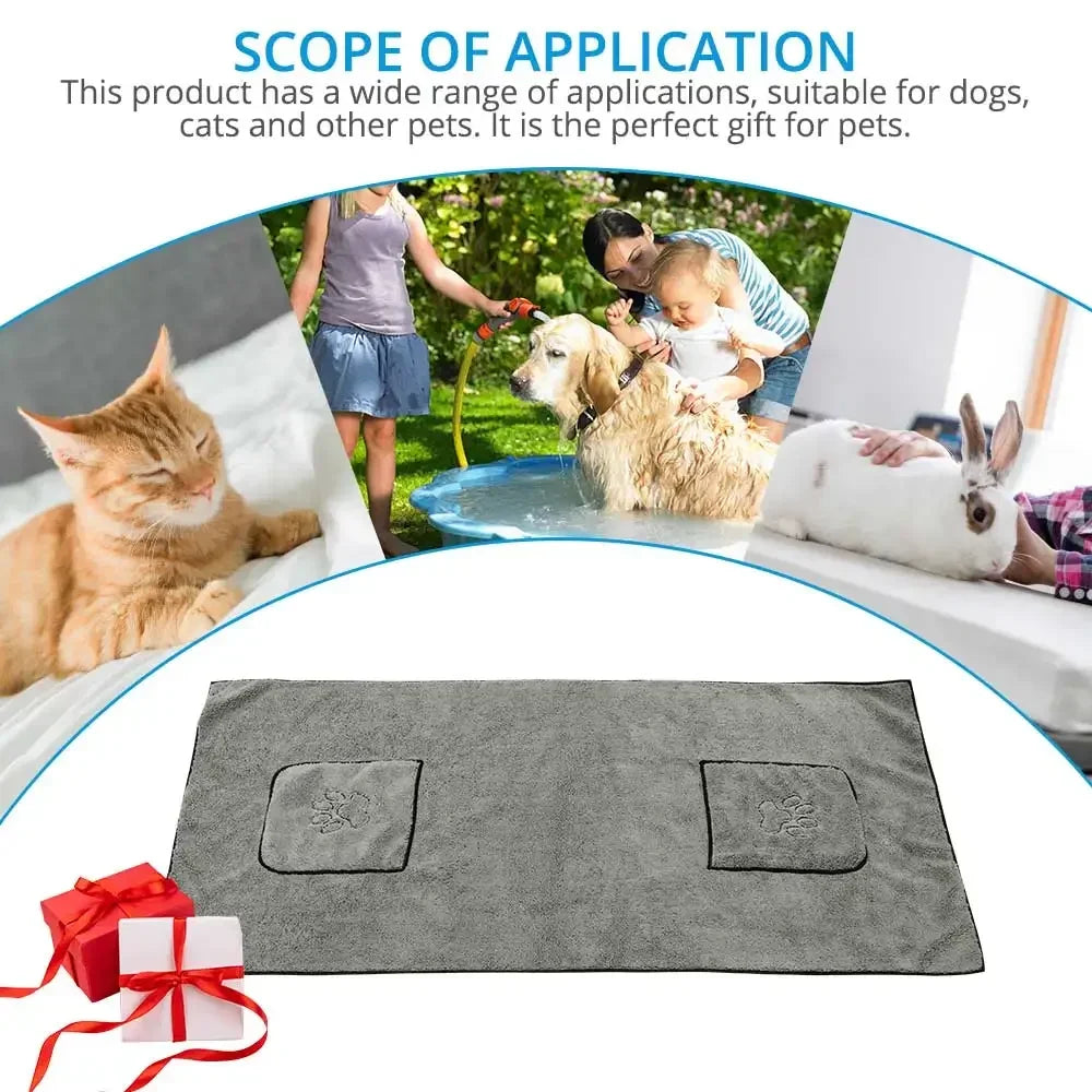 Pet Drying Towel - Large Absorbent Dog Bath Towel With Pocketed Design - ZOOMNSTORE