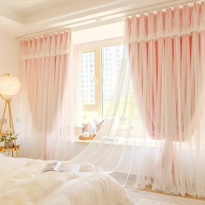 Pink Blackout Curtains - Double Layer Girls Bedroom Curtains | French Window Drapes - ZOOMNSTORE