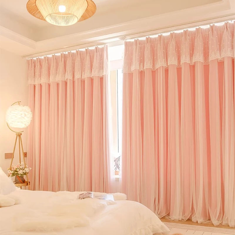 Pink Blackout Curtains - Double Layer Girls Bedroom Curtains | French Window Drapes - ZOOMNSTORE