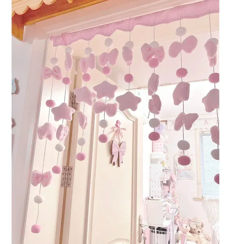 Pink Bow Curtain - Soft Fluffy Velvet Fabric Doorway Curtains for Girls Bedroom - ZOOMNSTORE