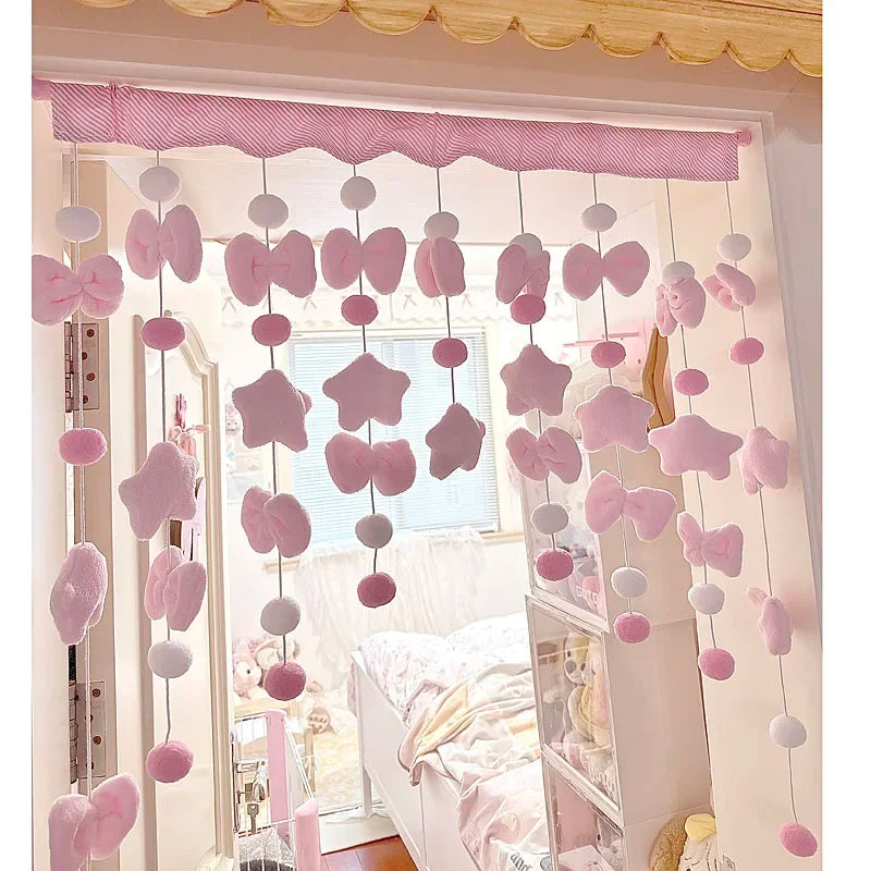 Pink Bow Curtain - Soft Fluffy Velvet Fabric Doorway Curtains for Girls Bedroom - ZOOMNSTORE