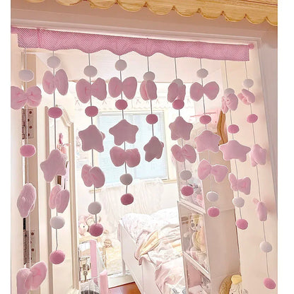 Pink Bow Curtain - Soft Fluffy Velvet Fabric Doorway Curtains for Girls Bedroom - ZOOMNSTORE