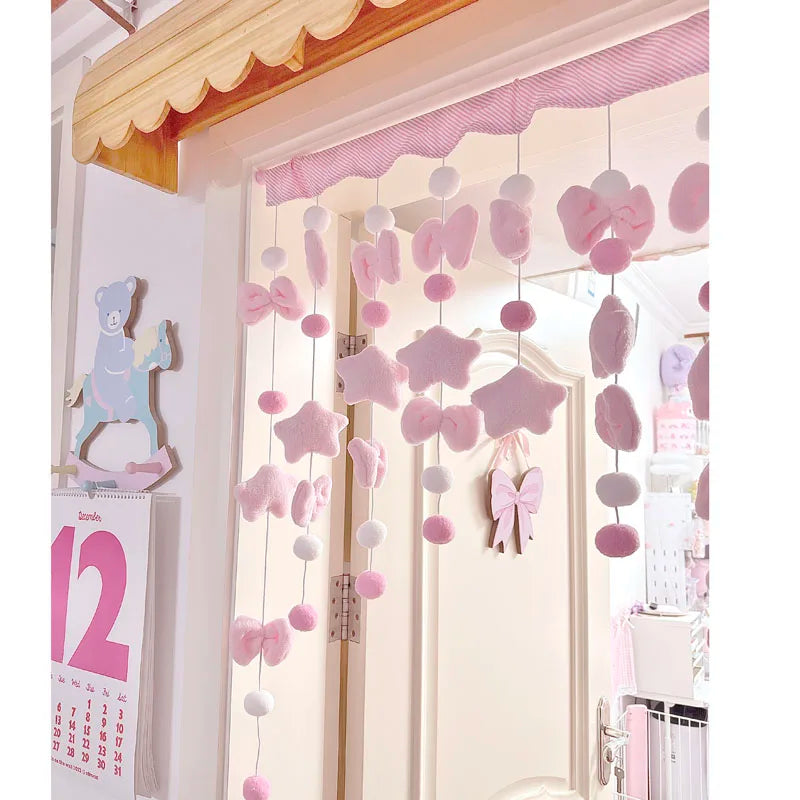 Pink Bow Curtain - Soft Fluffy Velvet Fabric Doorway Curtains for Girls Bedroom - ZOOMNSTORE