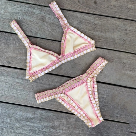 Pink Crochet Bikini – Women's Swimwear Two Piece Swimsuit With Adjustable Straps - ZOOMNSTORE