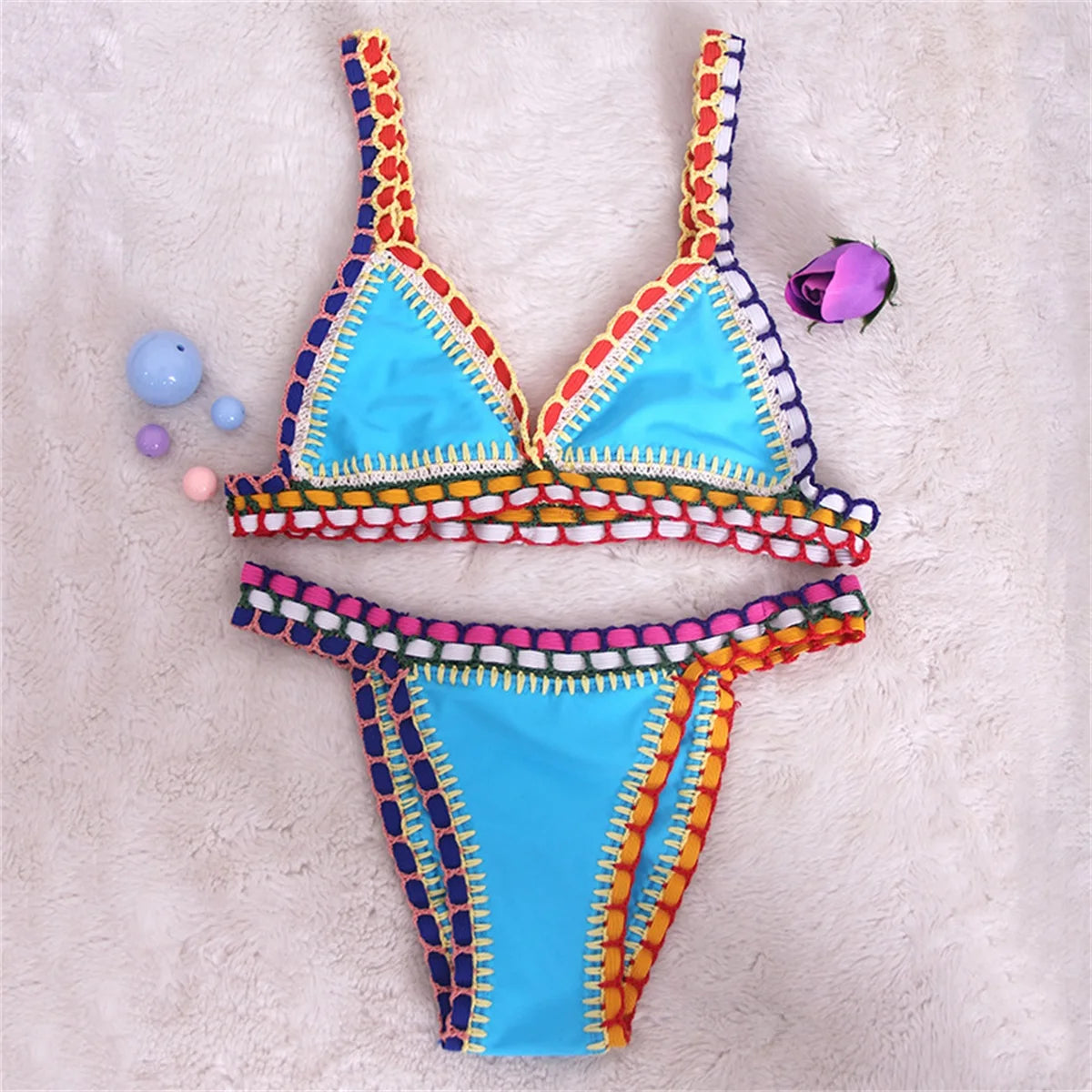 Pink Crochet Bikini – Women's Swimwear Two Piece Swimsuit With Adjustable Straps - ZOOMNSTORE