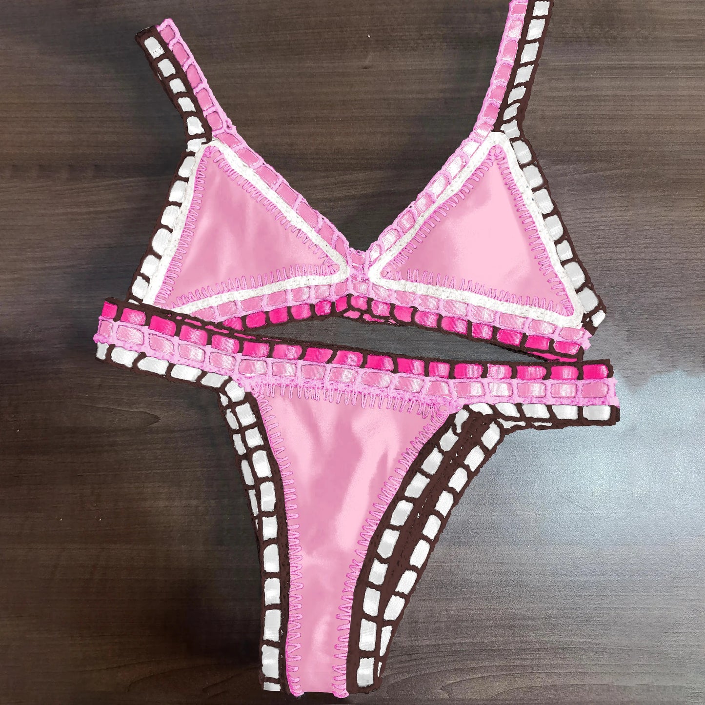 Pink Crochet Bikini – Women's Swimwear Two Piece Swimsuit With Adjustable Straps - ZOOMNSTORE