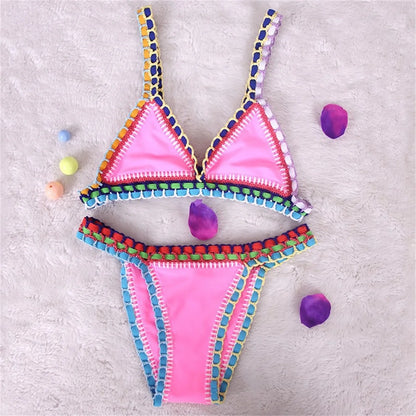 Pink Crochet Bikini – Women's Swimwear Two Piece Swimsuit With Adjustable Straps - ZOOMNSTORE