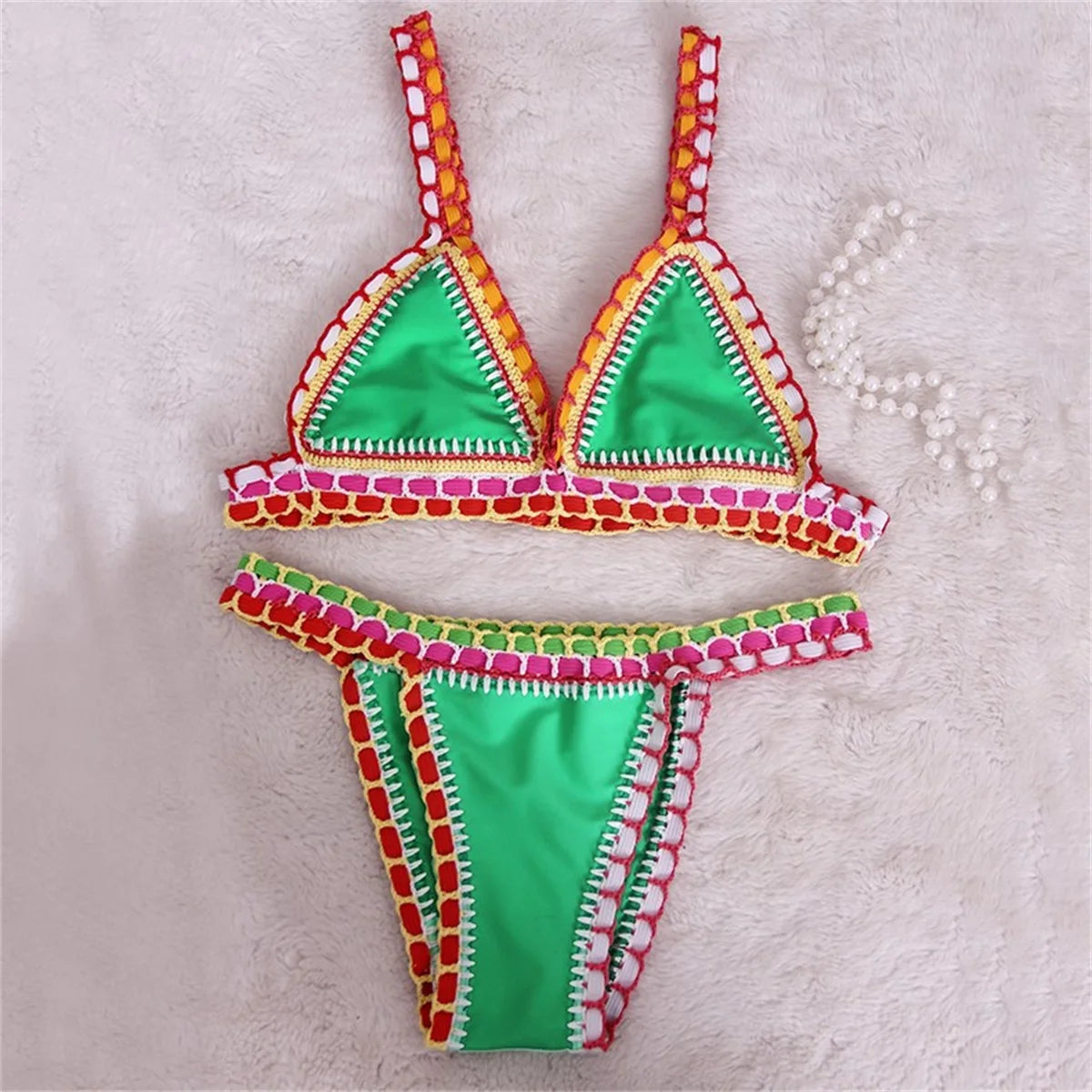 Pink Crochet Bikini – Women's Swimwear Two Piece Swimsuit With Adjustable Straps - ZOOMNSTORE