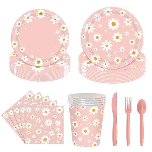 Pink Daisy Disposable Tableware Set - 24pcs Plates Napkins Straws for Birthday Baby Shower Wedding Decor - ZOOMNSTORE
