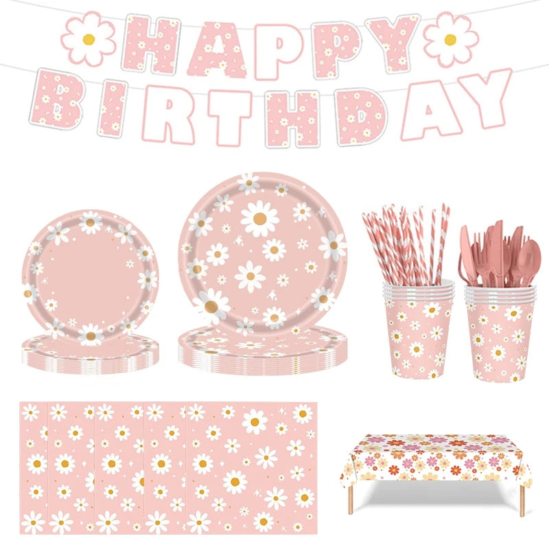 Pink Daisy Disposable Tableware Set - 24pcs Plates Napkins Straws for Birthday Baby Shower Wedding Decor - ZOOMNSTORE