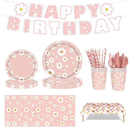 Pink Daisy Disposable Tableware Set - 24pcs Plates Napkins Straws for Birthday Baby Shower Wedding Decor - ZOOMNSTORE