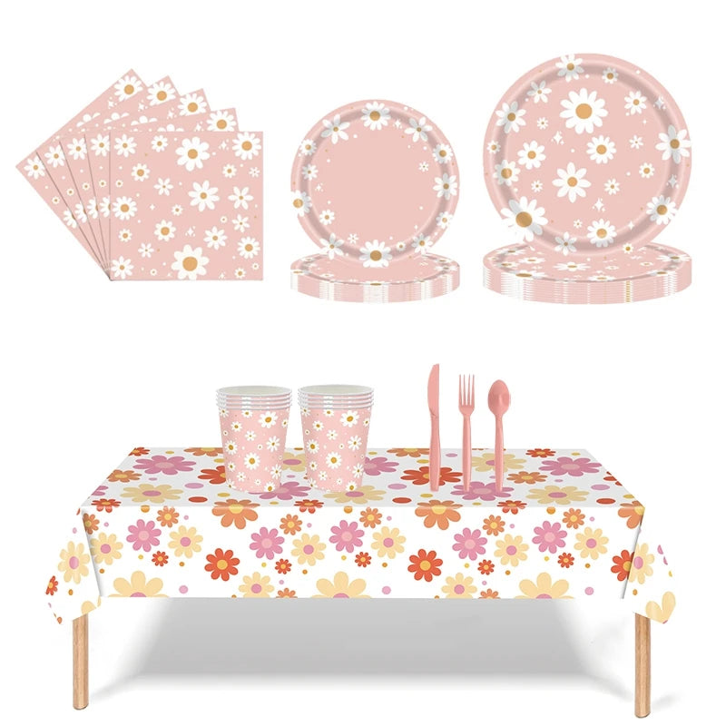 Pink Daisy Disposable Tableware Set - 24pcs Plates Napkins Straws for Birthday Baby Shower Wedding Decor - ZOOMNSTORE