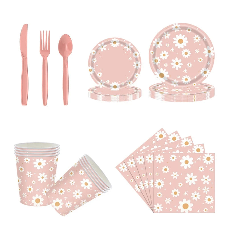 Pink Daisy Disposable Tableware Set - 24pcs Plates Napkins Straws for Birthday Baby Shower Wedding Decor - ZOOMNSTORE