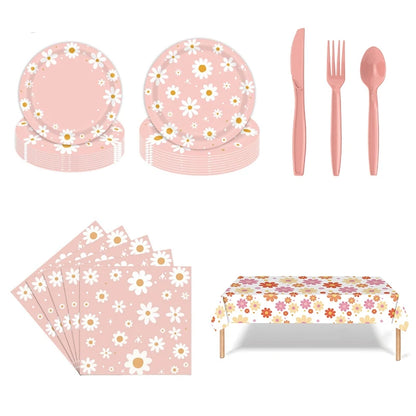 Pink Daisy Disposable Tableware Set - 24pcs Plates Napkins Straws for Birthday Baby Shower Wedding Decor - ZOOMNSTORE
