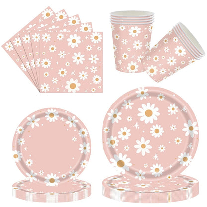 Pink Daisy Disposable Tableware Set - 24pcs Plates Napkins Straws for Birthday Baby Shower Wedding Decor - ZOOMNSTORE