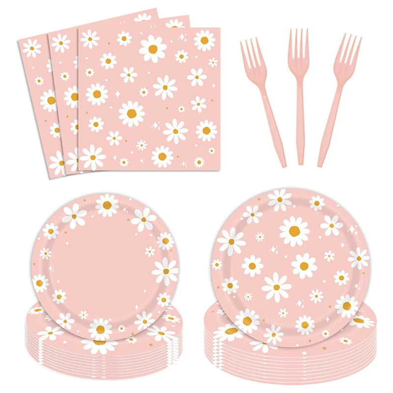 Pink Daisy Disposable Tableware Set - 24pcs Plates Napkins Straws for Birthday Baby Shower Wedding Decor - ZOOMNSTORE