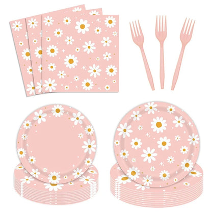 Pink Daisy Disposable Tableware Set - 24pcs Plates Napkins Straws for Birthday Baby Shower Wedding Decor - ZOOMNSTORE