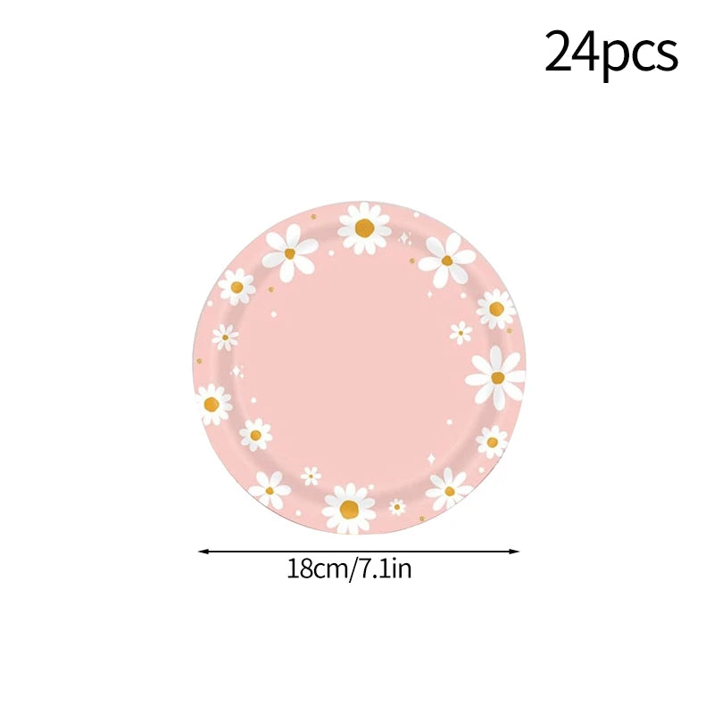 Pink Daisy Disposable Tableware Set - 24pcs Plates Napkins Straws for Birthday Baby Shower Wedding Decor - ZOOMNSTORE