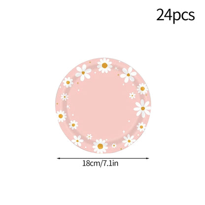 Pink Daisy Disposable Tableware Set - 24pcs Plates Napkins Straws for Birthday Baby Shower Wedding Decor - ZOOMNSTORE