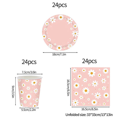 Pink Daisy Disposable Tableware Set - 24pcs Plates Napkins Straws for Birthday Baby Shower Wedding Decor - ZOOMNSTORE