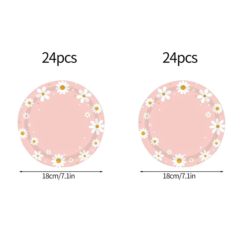 Pink Daisy Disposable Tableware Set - 24pcs Plates Napkins Straws for Birthday Baby Shower Wedding Decor - ZOOMNSTORE