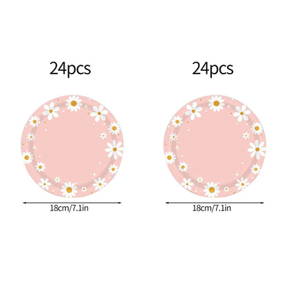 Pink Daisy Disposable Tableware Set - 24pcs Plates Napkins Straws for Birthday Baby Shower Wedding Decor - ZOOMNSTORE