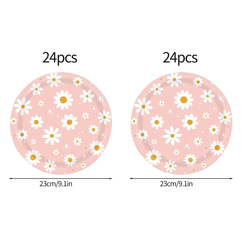 Pink Daisy Disposable Tableware Set - 24pcs Plates Napkins Straws for Birthday Baby Shower Wedding Decor - ZOOMNSTORE