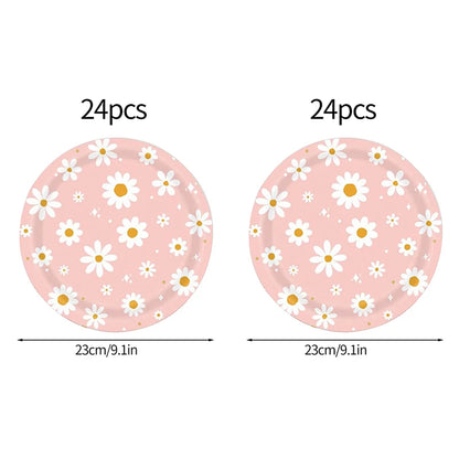 Pink Daisy Disposable Tableware Set - 24pcs Plates Napkins Straws for Birthday Baby Shower Wedding Decor - ZOOMNSTORE