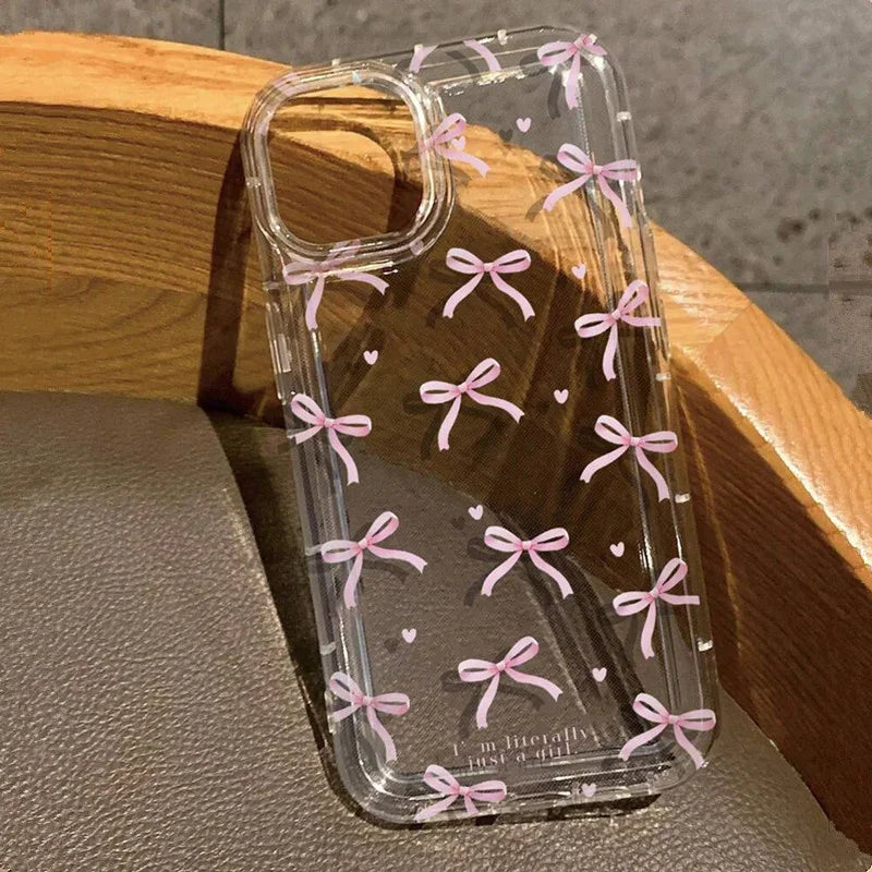 Cute Pink Heart Bow iPhone Case - Shockproof Soft Clear Cover for iPhone 11 12 13 14 15 16 Pro Max Mini XS XR 7 8 Plus SE 2022 - ZOOMNSTORE
